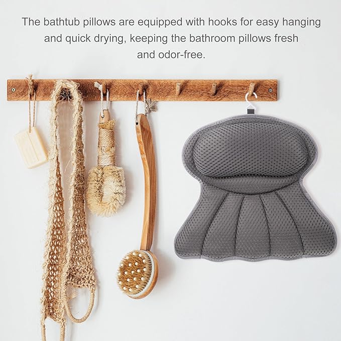 Alipis Bath Pillow for Tub with 6 Suction Cups 4d Mesh Spa Bathing Neck and Head Support Cushion Grey Tub Pillow for Adults for Home Shower Relaxation