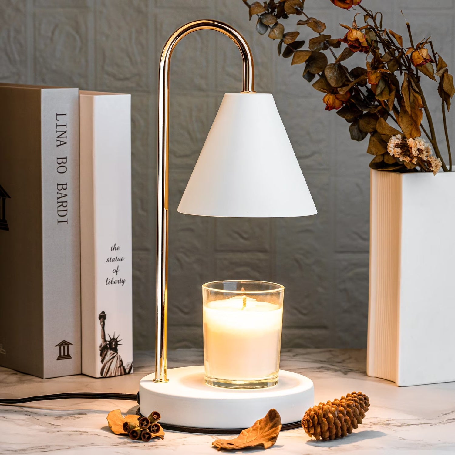 Modern candle warmer lamp for flameless candle use, adding warm ambient lighting and home decor style.