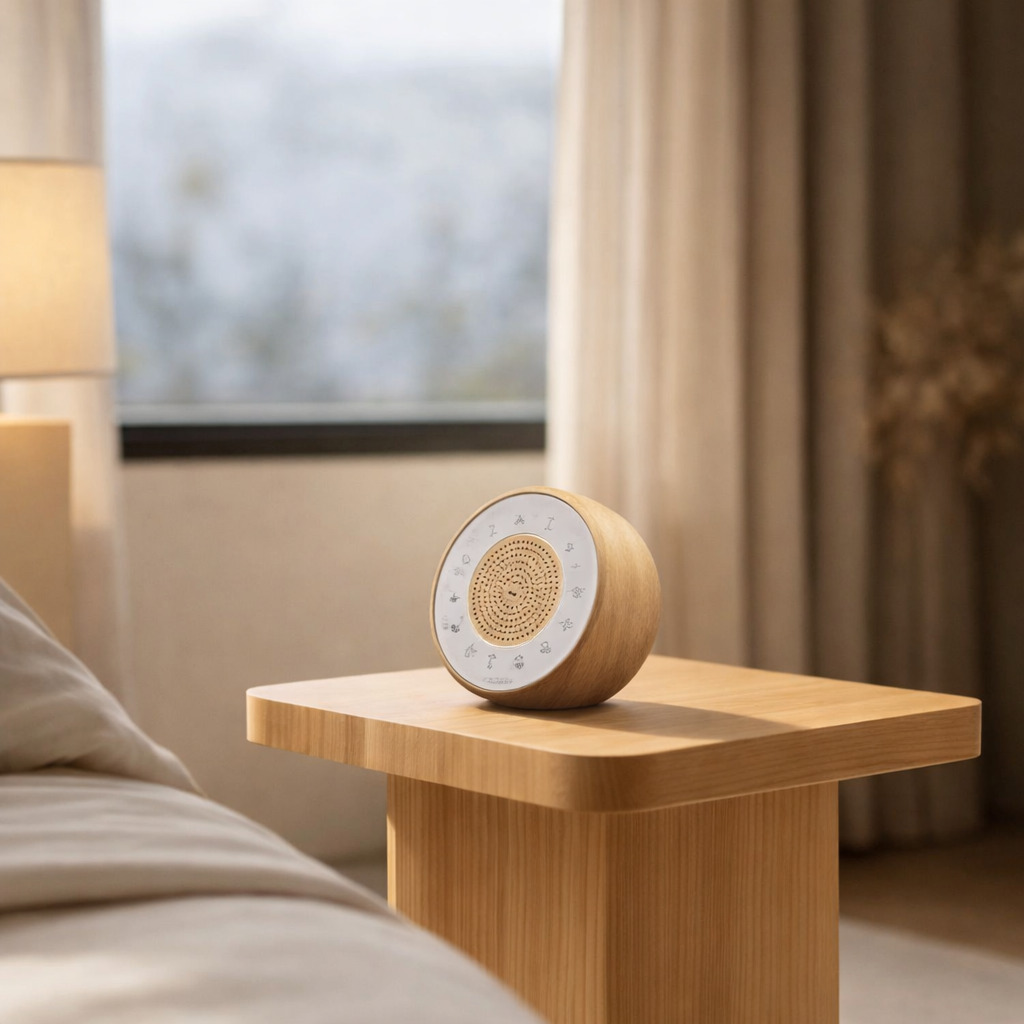 white noise machine on wooden bedside table in calm bedroom with warm bedside lamp