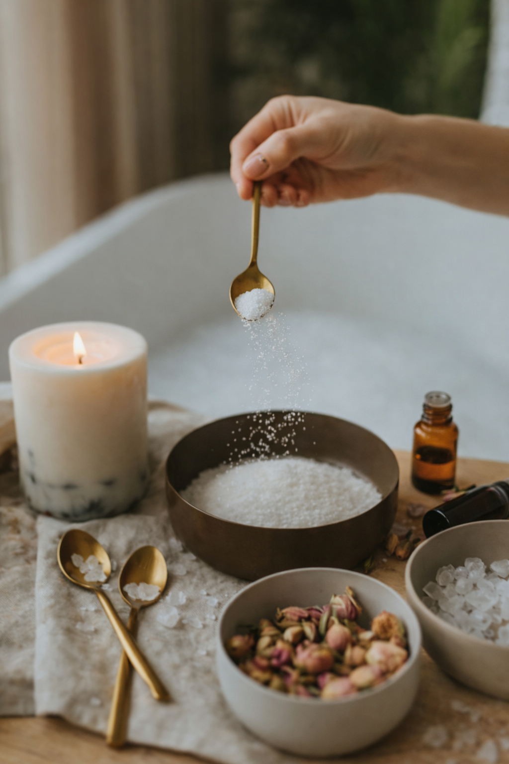 Hand adding mineral bath salts into a bowl next to a lit candle and essential oil, styled in a warm and relaxing home spa environment.