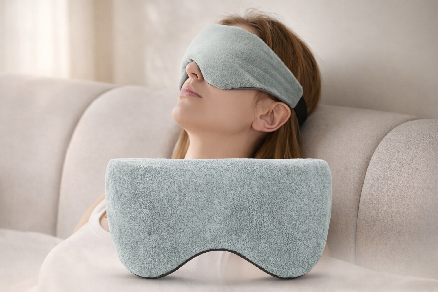 Contoured sleep mask and ergonomic neck support pillow designed for better rest and relaxation at home.