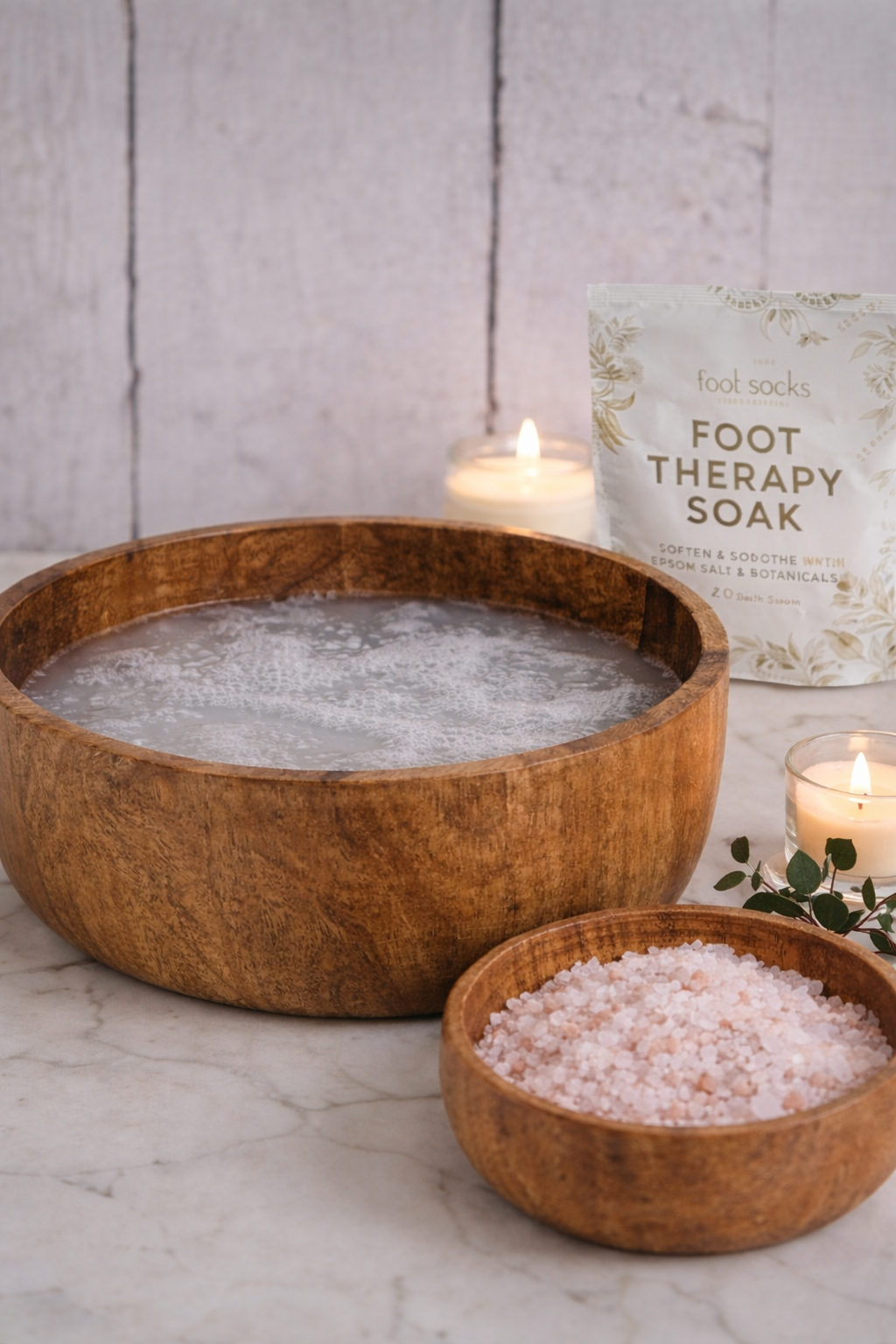 Wooden foot therapy soaking bowl with warm water and pink Epsom salt crystals, styled in a minimal home spa setting with soft candlelight.