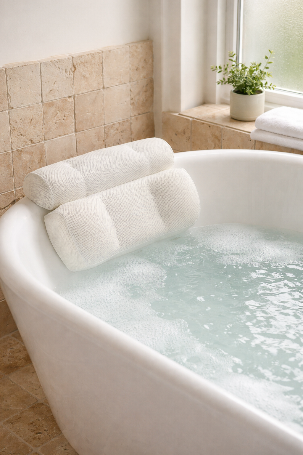 White mesh bath pillow with head and neck support attached to a freestanding bathtub filled with water, soft morning light and neutral stone tiles creating a calm home spa setting.