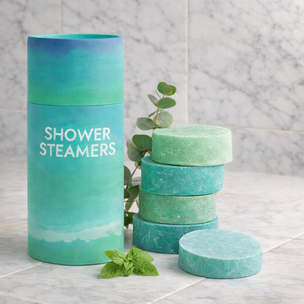 Shower steamers tablets and container on a white marble bathroom counter with eucalyptus leaves.