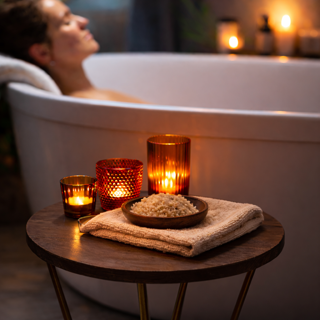 Relaxing bath spa setup with candles and bath salts