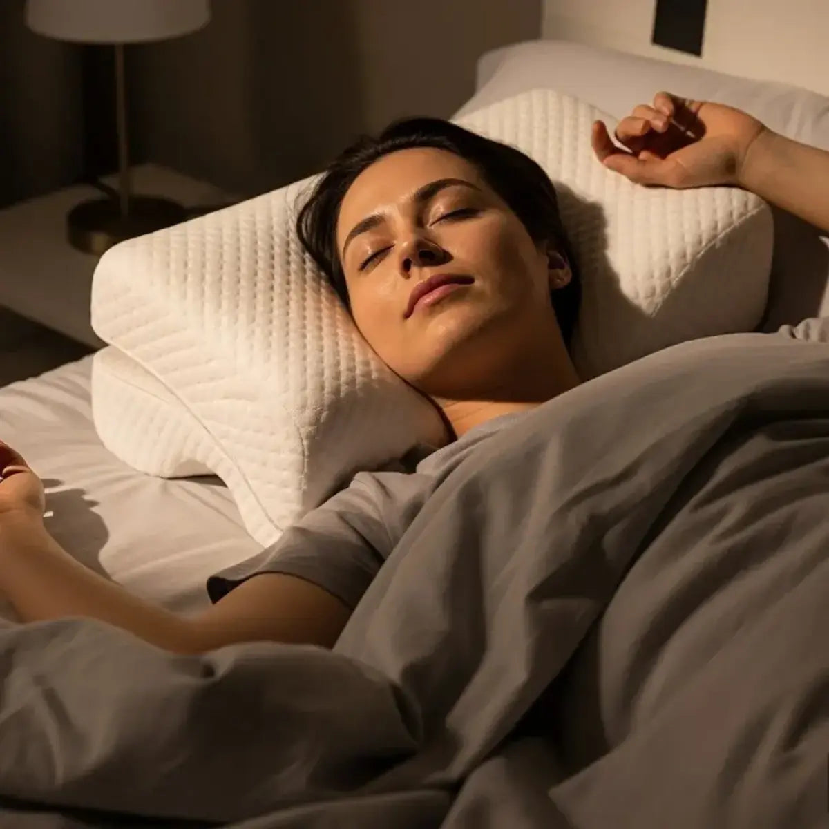 Anti-snoring mouthpiece case in focus on a neutral bed setting, with softly blurred sleep mask and white noise machine under warm night lighting.