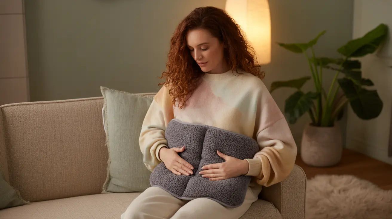 Electric heating pad laid over sofa cushions in a warm living room setting for muscle relief and comfort.