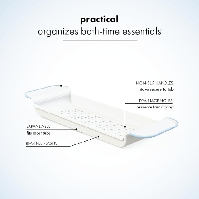 madesmart Expandable Bath Shelf, Adjustable Bathtub Tray for Bath-Night, Holds Glasses, Soaps, Toys & Bath Essentials, Non-Slip Grip, Fits Most Tubs, Blue