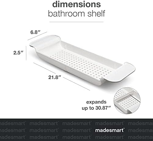 madesmart Expandable Bath Shelf, Adjustable Bathtub Tray for Bath-Night, Holds Glasses, Soaps, Toys & Bath Essentials, Non-Slip Grip, Fits Most Tubs, White
