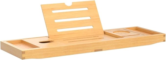 Deep Calm Bathtub Tray Caddy - Bamboo Foldable Bath Tub Table, Expandable Bath Tray Holds All Bathtub Accessories, Perfect Luxury Relaxing Gift for Self Care