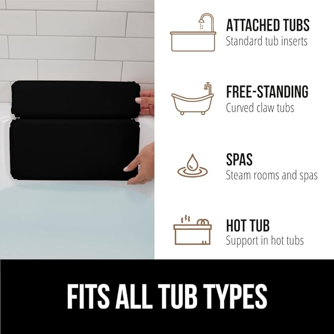 GORILLA GRIP Bath Pillow for Tub, Strong Suction Cups, Luxury Bathtub Pillows, Headrest Neck and Back Support, Relaxing Hot Tub and Home Spa Accessories, Bathroom Essentials, Gifts for Women, Black