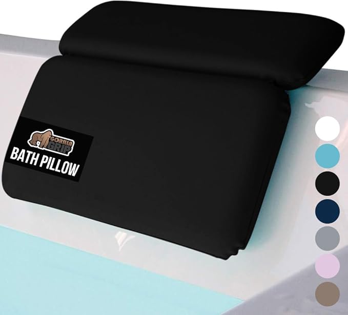 GORILLA GRIP Bath Pillow for Tub, Strong Suction Cups, Luxury Bathtub Pillows, Headrest Neck and Back Support, Relaxing Hot Tub and Home Spa Accessories, Bathroom Essentials, Gifts for Women, Black