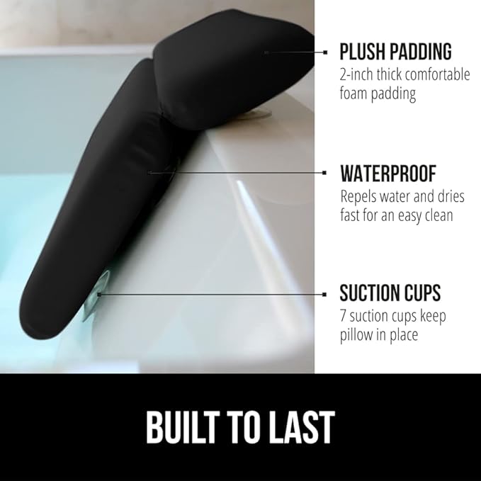 GORILLA GRIP Bath Pillow for Tub, Strong Suction Cups, Luxury Bathtub Pillows, Headrest Neck and Back Support, Relaxing Hot Tub and Home Spa Accessories, Bathroom Essentials, Gifts for Women, Black