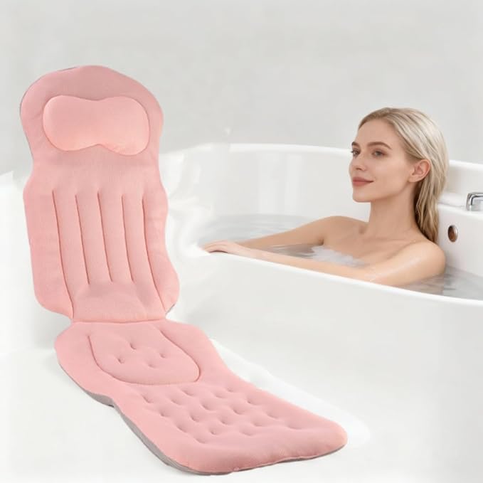 Full Body Bath Pillow for Tub, Bath Cushion with Headrest for Tub Neck and Back Support, 4D Mesh Spa Bathtub Pillows with Non-Slip Suction Cups, Machine Washable & Quick-Dry (Pink, 51"×15")