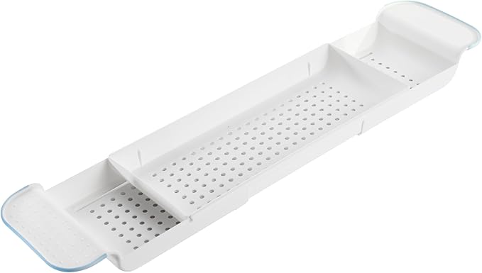 madesmart Expandable Bath Shelf, Adjustable Bathtub Tray for Bath-Night, Holds Glasses, Soaps, Toys & Bath Essentials, Non-Slip Grip, Fits Most Tubs, Blue