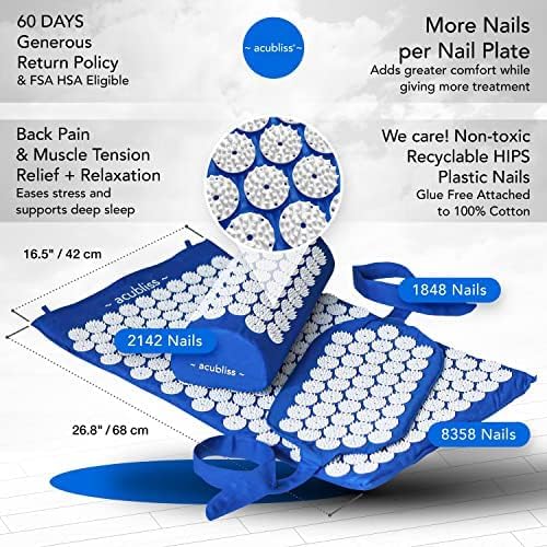 Premium Acupressure Mat, Strap & Pillow 3 piece Gift Set, 12,348 Acupuncture Pressure Points for Back Pain Relief, Increased Energy, Relaxation, Drawstring Bag, Deep Blue