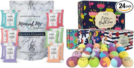 Shower Steamers for Women, 24pc Shower Bombs Aromatherapy Gift Set w/Organic Essential Oils, Shower Steamers for Women, Bath Bombs for Women Gift Set, 24 Natural & Organic Bath Bombs w/Essential Oils