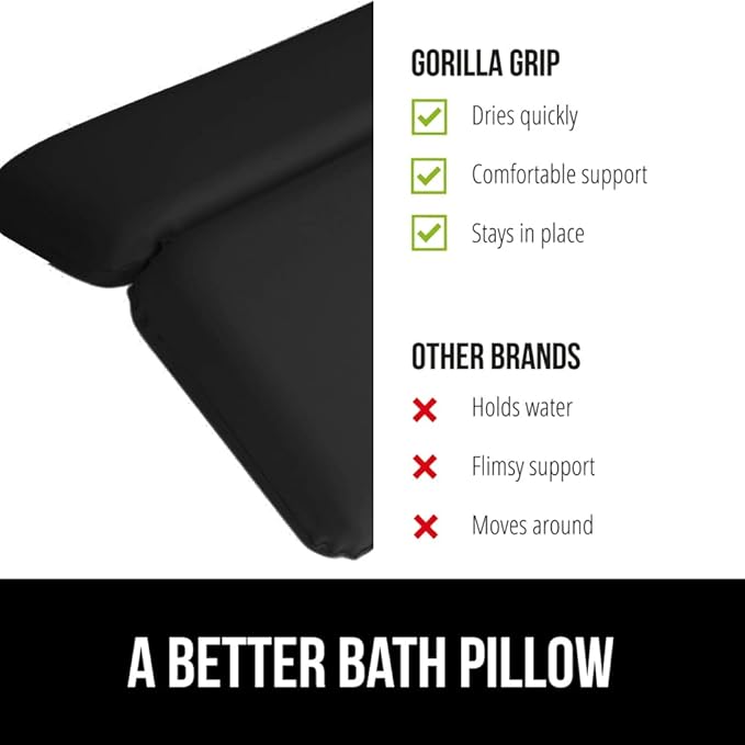 GORILLA GRIP Bath Pillow for Tub, Strong Suction Cups, Luxury Bathtub Pillows, Headrest Neck and Back Support, Relaxing Hot Tub and Home Spa Accessories, Bathroom Essentials, Gifts for Women, Black