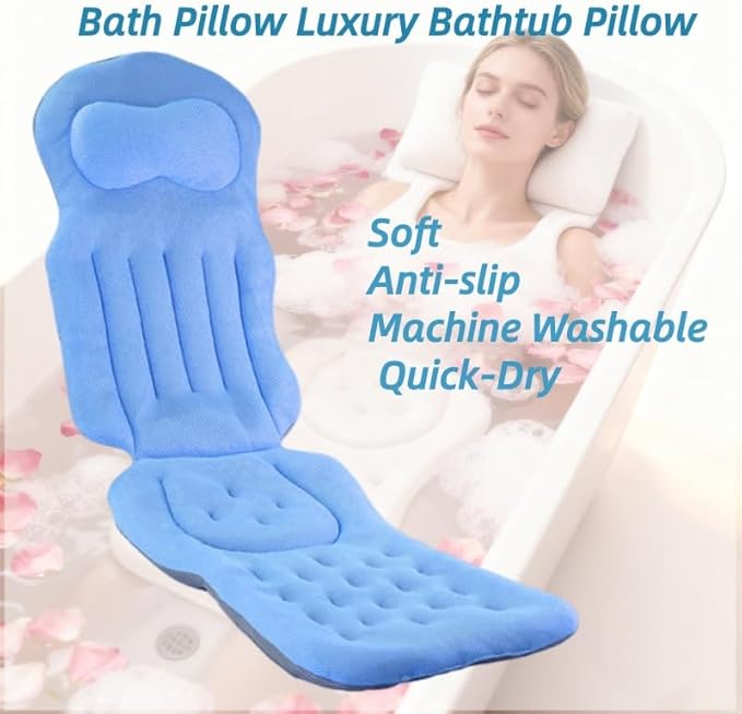 Full Body Bath Pillow for Tub, Bath Cushion with Headrest for Tub Neck and Back Support, 4D Mesh Spa Bathtub Pillows with Non-Slip Suction Cups, Machine Washable & Quick-Dry (Blue, 51"×15")