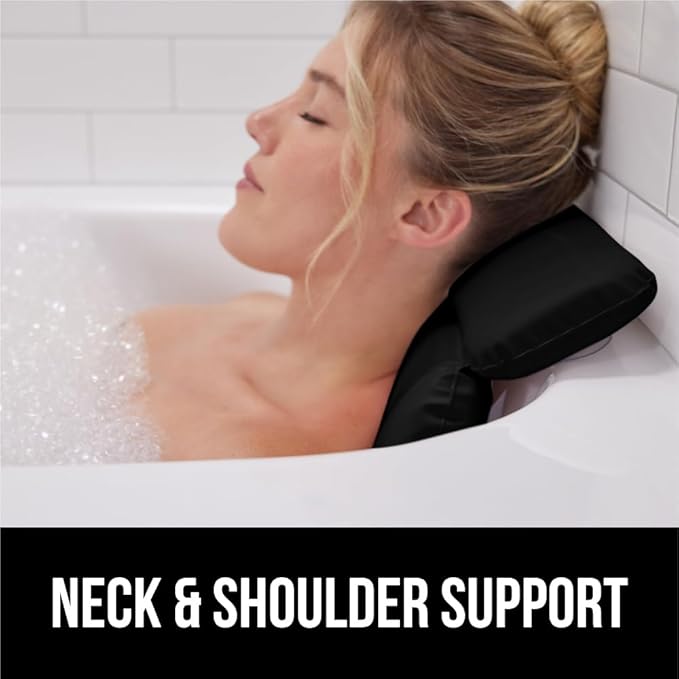 GORILLA GRIP Bath Pillow for Tub, Strong Suction Cups, Luxury Bathtub Pillows, Headrest Neck and Back Support, Relaxing Hot Tub and Home Spa Accessories, Bathroom Essentials, Gifts for Women, Black
