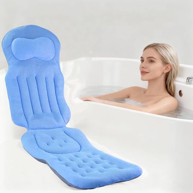 Full Body Bath Pillow for Tub, Bath Cushion with Headrest for Tub Neck and Back Support, 4D Mesh Spa Bathtub Pillows with Non-Slip Suction Cups, Machine Washable & Quick-Dry (Blue, 51"×15")
