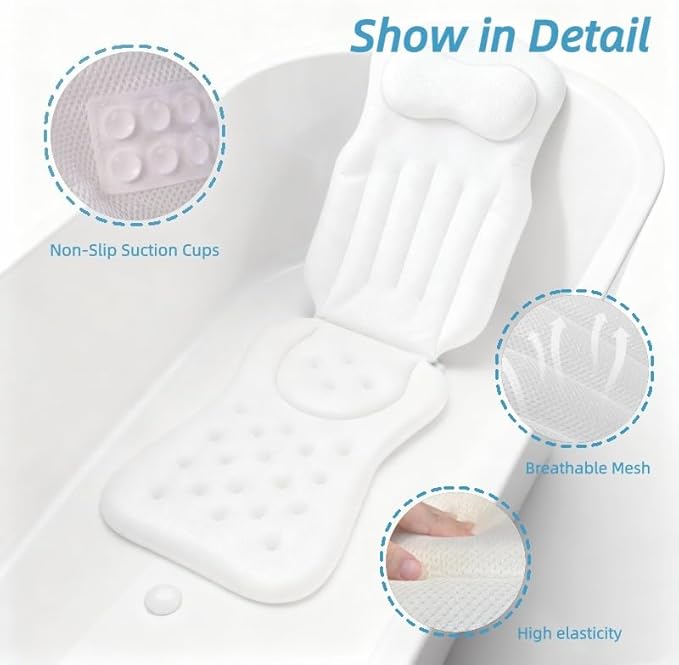 Full Body Bath Pillow for Tub, Bath Cushion with Headrest for Tub Neck and Back Support, 4D Mesh Spa Bathtub Pillows with Non-Slip Suction Cups, Machine Washable & Quick-Dry (Blue, 51"×15")