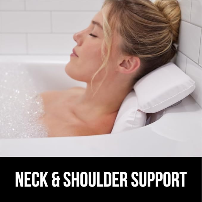 GORILLA GRIP Bath Pillow for Tub, Strong Suction Cups, Luxury Bathtub Pillows, Headrest Neck and Back Support, Relaxing Hot Tub and Home Spa Accessories, Bathroom Essentials, Gifts for Women, White