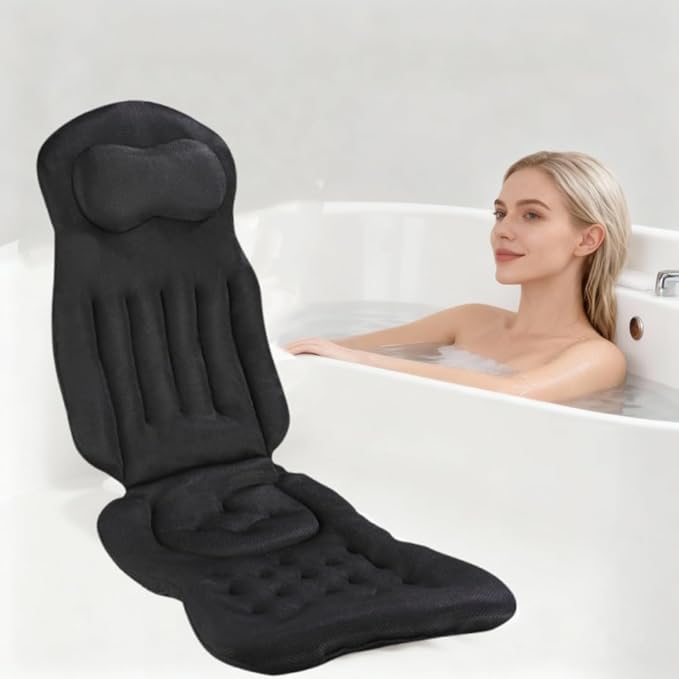 Full Body Bath Pillow for Tub, Bath Cushion with Headrest for Tub Neck and Back Support, 4D Mesh Spa Bathtub Pillows with Non-Slip Suction Cups, Machine Washable & Quick-Dry (Black, 51"×15")
