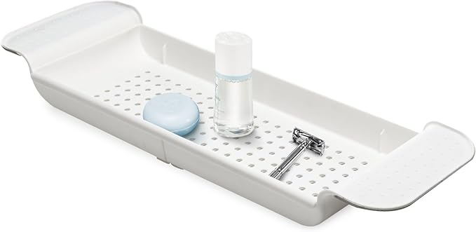 madesmart Expandable Bath Shelf, Adjustable Bathtub Tray for Bath-Night, Holds Glasses, Soaps, Toys & Bath Essentials, Non-Slip Grip, Fits Most Tubs, White