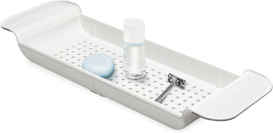 madesmart Expandable Bath Shelf, Adjustable Bathtub Tray for Bath-Night, Holds Glasses, Soaps, Toys & Bath Essentials, Non-Slip Grip, Fits Most Tubs, White