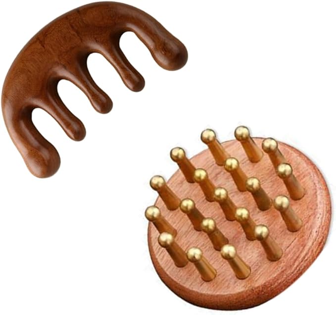 Wooden Scalp Massager & Hair Scrubber - Manual Head Massager with Sandalwood for Scalp Care, Portable Handheld Hair Growth Tool, Comfier Scalp Relaxation Brush for Stress Relief & Spa(Two-Piece Set)
