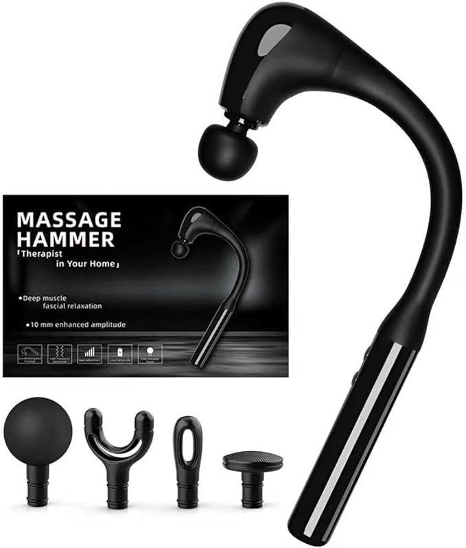 Deep Tissue Massage Gun with Extension Handle - 10mm Percussion Massager for Neck, Back & Shoulder Pain Relief, Handheld Portable Muscle Massager Gun for Athletes, 5 Speed & 4 Attachments