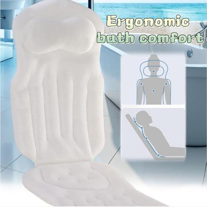 Full Body Bath Pillow for Tub, Bath Cushion with Headrest for Tub Neck and Back Support, 4D Mesh Spa Bathtub Pillows with Non-Slip Suction Cups, Machine Washable & Quick-Dry (Black, 51"×15")