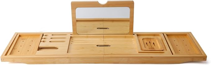 Bathtub Tray Table with Mirror and Bath Pillow, Expandable and Foldable Bamboo Bath Tray for Tub Soft and 4D Mesh Bathtub Pillow Luxury Bath Accessories Spa Gifts