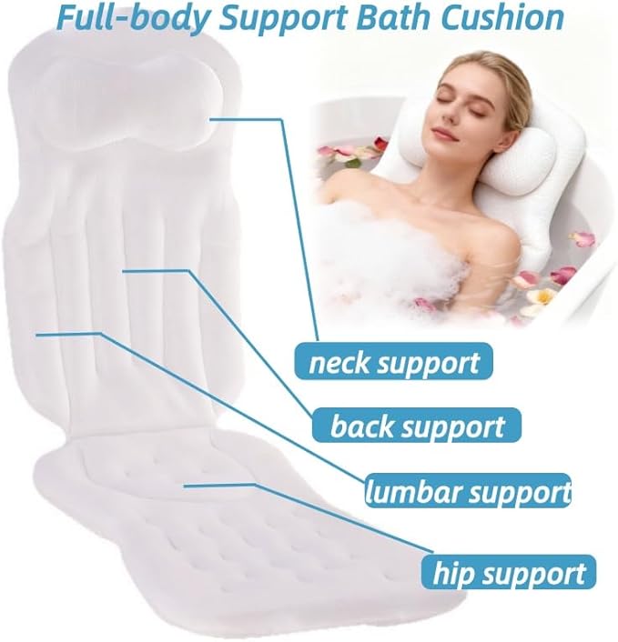 Full Body Bath Pillow for Tub, Bath Cushion with Headrest for Tub Neck and Back Support, 4D Mesh Spa Bathtub Pillows with Non-Slip Suction Cups, Machine Washable & Quick-Dry (Black, 51"×15")