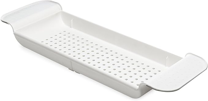 madesmart Expandable Bath Shelf, Adjustable Bathtub Tray for Bath-Night, Holds Glasses, Soaps, Toys & Bath Essentials, Non-Slip Grip, Fits Most Tubs, White