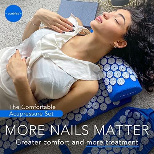 Premium Acupressure Mat, Strap & Pillow 3 piece Gift Set, 12,348 Acupuncture Pressure Points for Back Pain Relief, Increased Energy, Relaxation, Drawstring Bag, Deep Blue