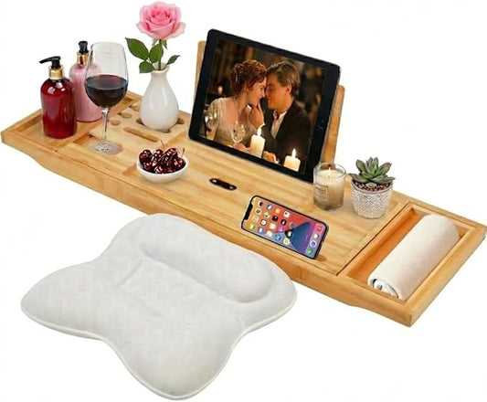 Bathtub Tray Wood Bamboo Caddy Expandable 29 to 42.5 Inch Foldable Design with Wine Glass Holder and Ergonomic Pillow Premium Home Spa Organizer for Luxury Soaking Relaxation