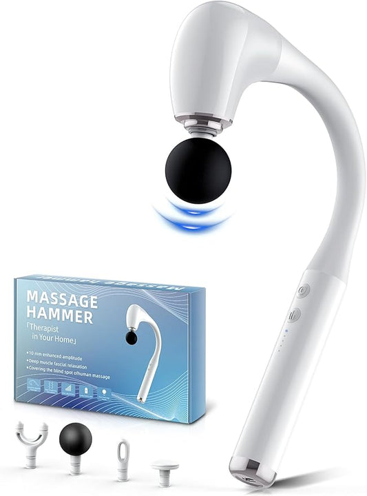 FVZ White Percussion Massage Gun with Upgraded Extension Handle, 10MM Massage Gun Deep Tissue, Muscles/Neck/Shoulders/Waist/Legs Massager Portable for Pain Relief