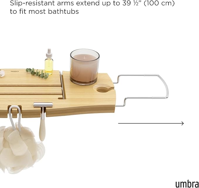 Umbra Aquala Bathtub Tray Extendable Caddy with Book Stand and Wine Glass Holder, Natural