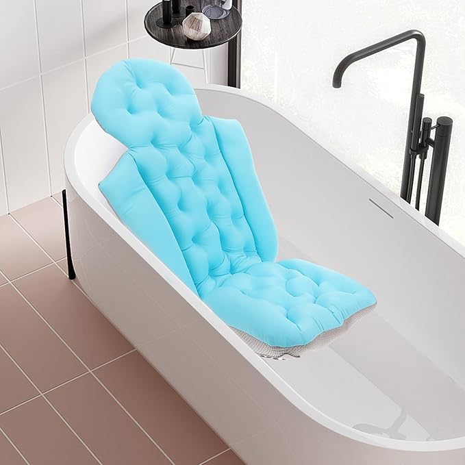 PRETYZOOM Adult Bath Cushion Bath Pillow for Tub with Integrated Small Suction Cups Full-Body Bathtub Mat in Sky Blue for Back and Neck Support
