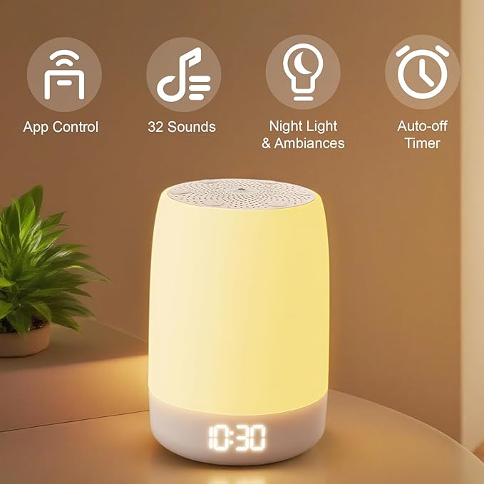 White Noise Machine Alarm Clock for Baby Adults Kids with 32 Soothing Sounds 8 Colors Rainbow Breathing Light，Toddler Sleep Trainer with Timer, App Remote Control，Bluetooth Playback for Bedroom