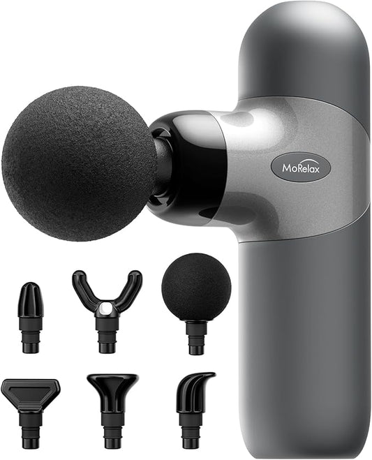 Morelax Mini Massage Gun, Percussion Muscle Massager for Back Pain Relief, Compact Sports Travel Massage Gun with 6 Massage Heads 4 Speeds, Gift for Her, Home, Athletes