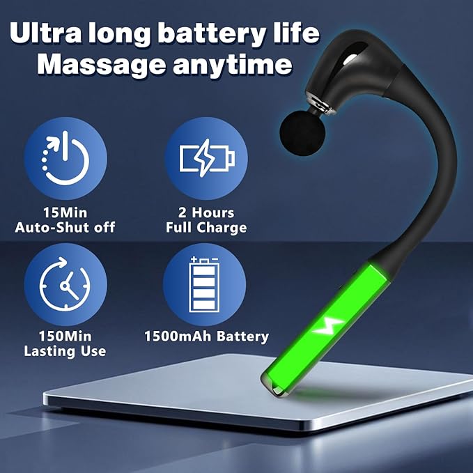 Deep Tissue Massage Gun with Extension Handle - 10mm Percussion Massager for Neck, Back & Shoulder Pain Relief, Handheld Portable Muscle Massager Gun for Athletes, 5 Speed & 4 Attachments