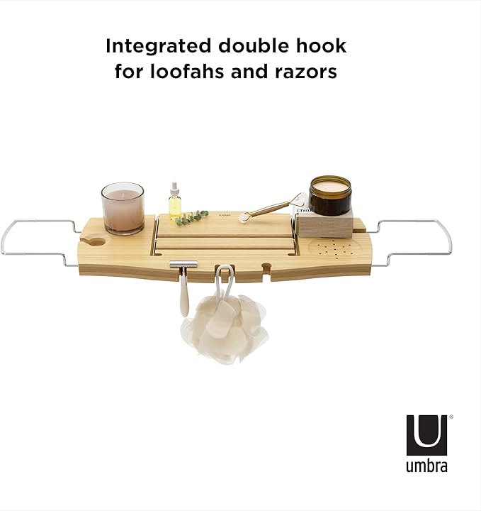 Umbra Aquala Bathtub Tray Extendable Caddy with Book Stand and Wine Glass Holder, Natural