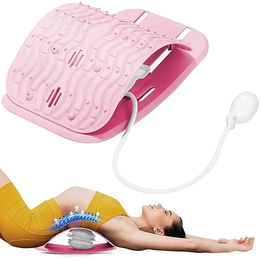 Ergonomic Lumbar Support Board, Lower Back Stretcher Adjustable Air Compression Mat Spinal Decompression Device, Back Stretcher for Lower Back Pain Relief,Ideal for Adults at Home or Work(pink)