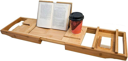 Yogibo Traybo H2O Luxury Bath Caddy Trays for Bathtub, Expandable Adjustable Bamboo Tub Tray Organizer with Book, Wine, Candle Holder for Reading and Spa