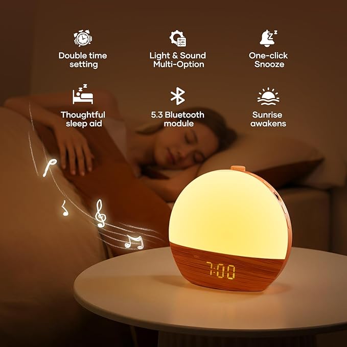 Sunrise Alarm Clock, Sound Machine, Wood Grain Dimmable Night Light for Heavy Sleepers, White Noise Machine for Baby, Dual Alarm Function 30 Sleep Sounds, Wake Up Light with 17 Effects