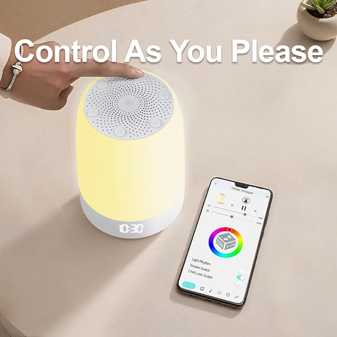 White Noise Machine Alarm Clock for Baby Adults Kids with 32 Soothing Sounds 8 Colors Rainbow Breathing Light，Toddler Sleep Trainer with Timer, App Remote Control，Bluetooth Playback for Bedroom