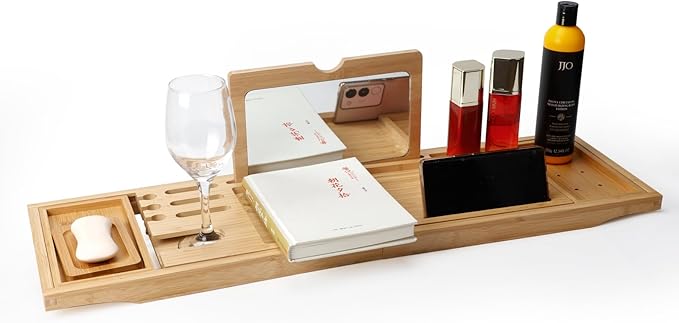 Bathtub Tray Table with Mirror and Bath Pillow, Expandable and Foldable Bamboo Bath Tray for Tub Soft and 4D Mesh Bathtub Pillow Luxury Bath Accessories Spa Gifts